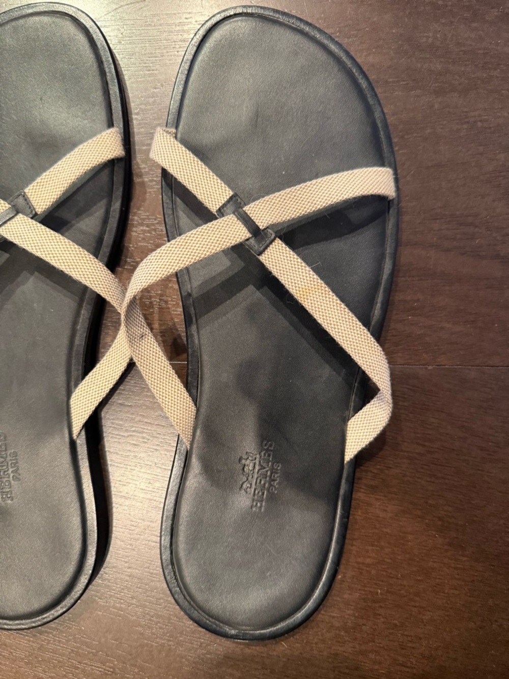 Hermès Paris Leather Sandals Black & Beige Strappy Slides 42.5 Italy - Picture 4 of 5